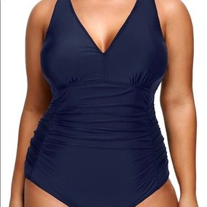 Plus Size One Piece Swimsuit - dark blue V Neck